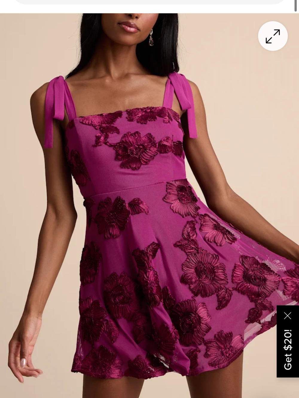 Lulus Truly Inspiring Plum Mesh Floral Appliqué Tie-Strap Mini Dress